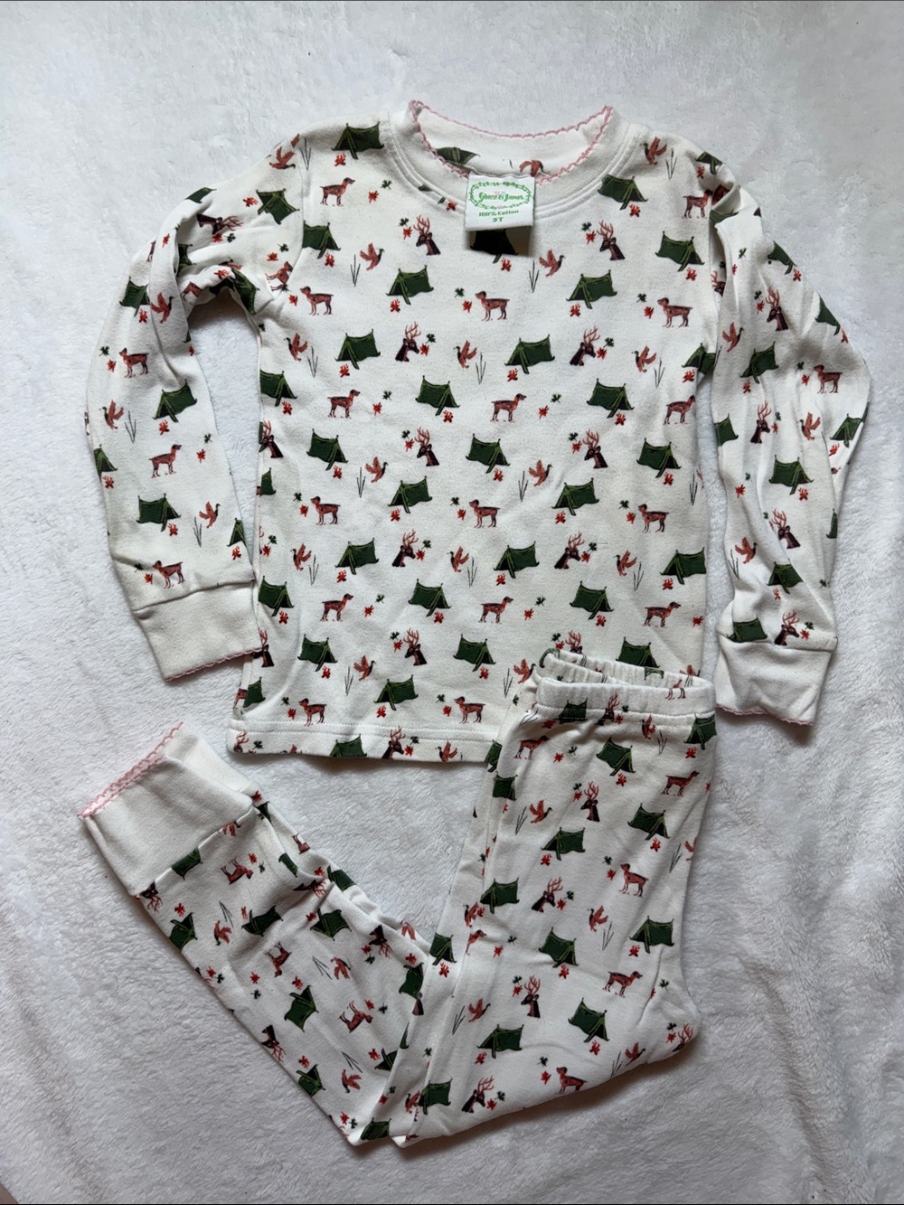Grace & James Camping Print Pima Pajama Set with pink trim 3t